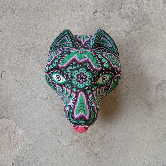Huichol Mexican Hand Beaded Wolf Head By Isandro Villa Lopez PP8759