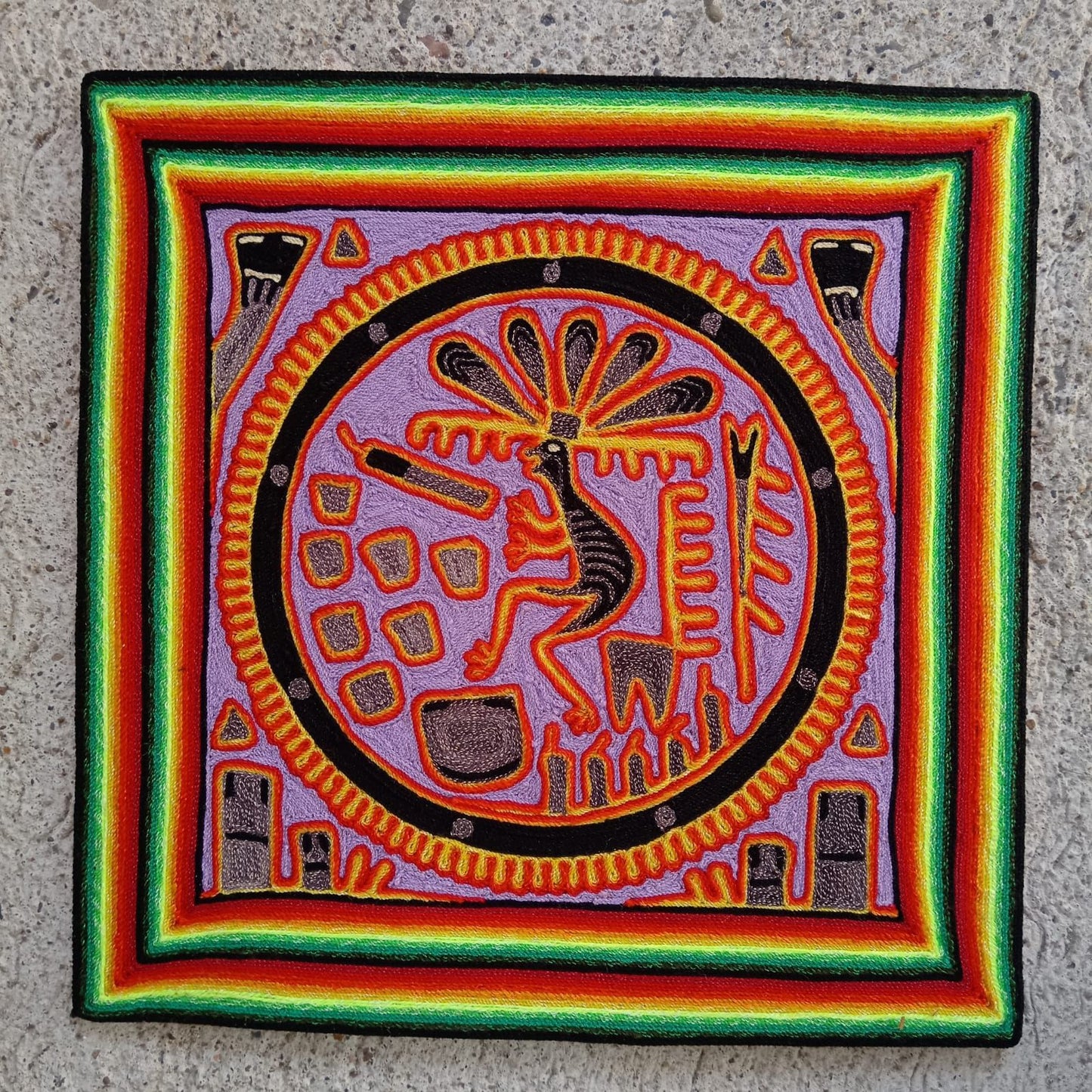 Huichol Indian Mexican Folk Art Yarn Painting by Silverio Gonzalez Rios PP8798