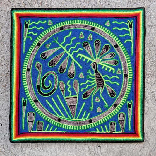 Huichol Indian Mexican Folk Art Yarn Painting by Silverio Gonzalez Rios PP8799
