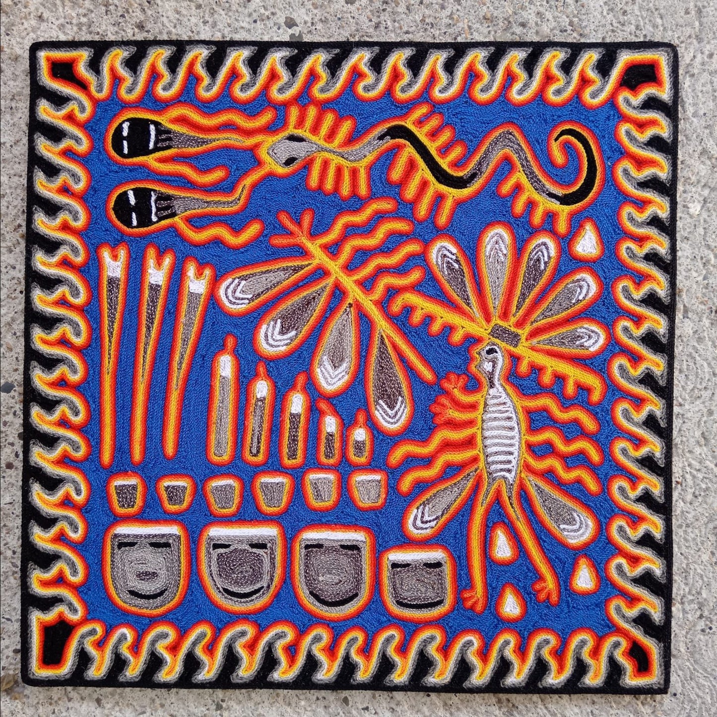 Huichol Indian Mexican Folk Art Yarn Painting by Silverio Gonzalez Rios PP8805