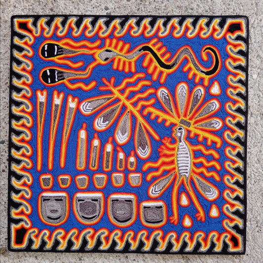 Huichol Indian Mexican Folk Art Yarn Painting by Silverio Gonzalez Rios PP8805