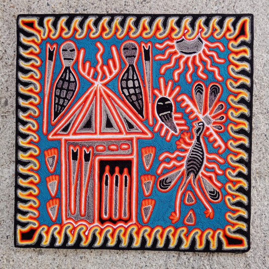 Huichol Indian Mexican Folk Art Yarn Painting by Silverio Gonzalez Rios PP8806