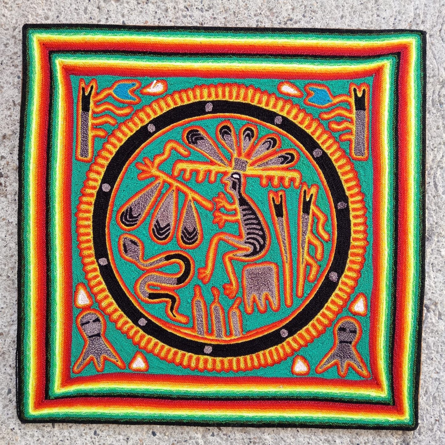 Huichol Indian Mexican Folk Art Yarn Painting by Silverio Gonzalez Rios PP8807