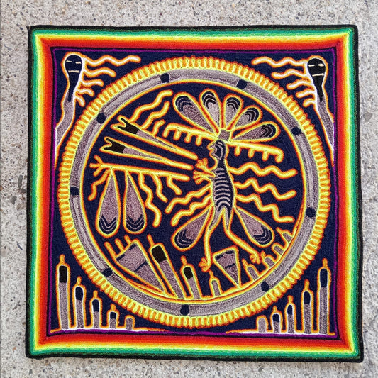 Huichol Indian Mexican Folk Art Yarn Painting by Silverio Gonzalez Rios PP8810