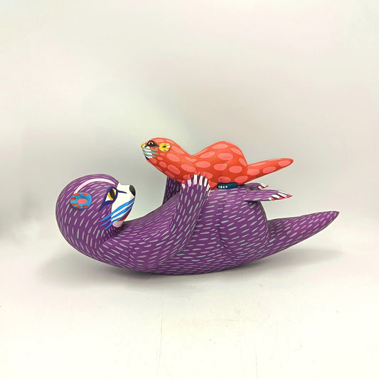 Oaxacan Wood Carving Hand Made, Otter with Baby By Armando Jimenez  PP8753