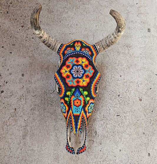 Huichol Indian Hand Beaded Bull Skull By Santos Bautista PP8844