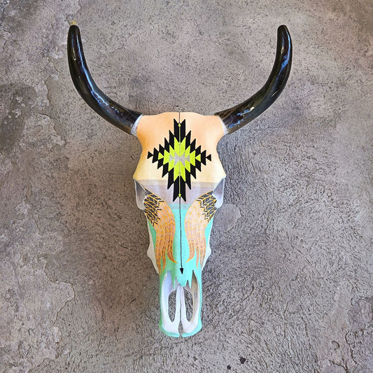 Mexican Folk Art Huichol Yarn Painting on Bull Skull By Alfredo Meraz Reyna PP8915