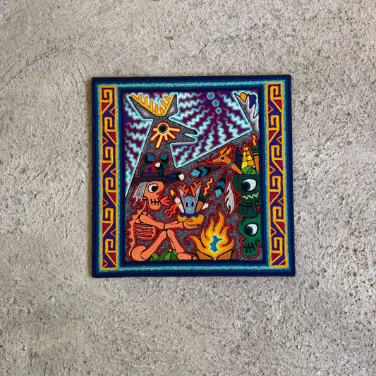 Mexican Folk Art Huichol Indian Yarn Painting by Luis Castro PP8955