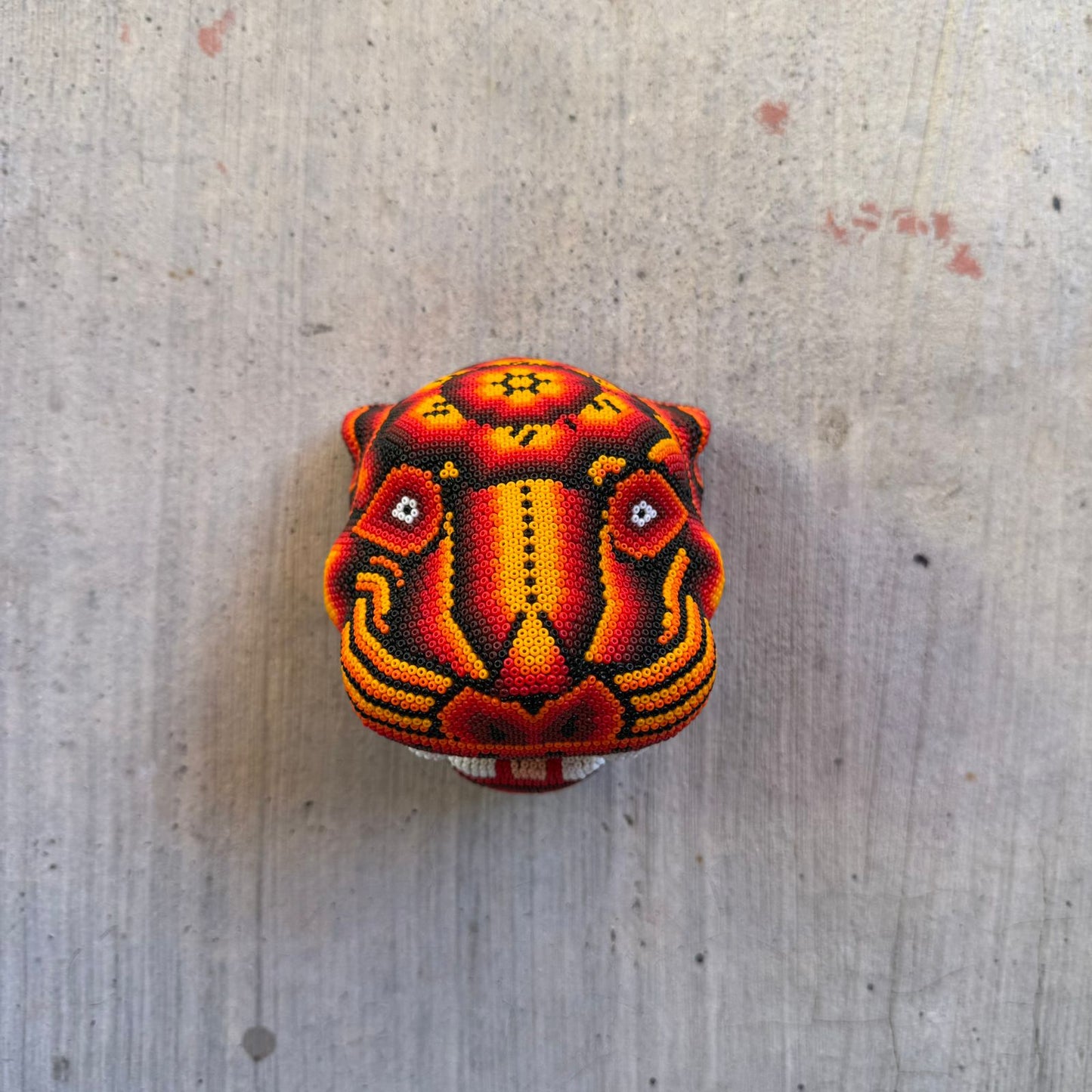Mexican Folk Art Huichol Beaded Jaguar Head By Mayola Villa Lopez PP8982 Oaxaca