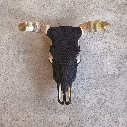 Huichol Bead Art Mexican Folk Art,  Bull Skull By Mayola Villa Lopez PP9005