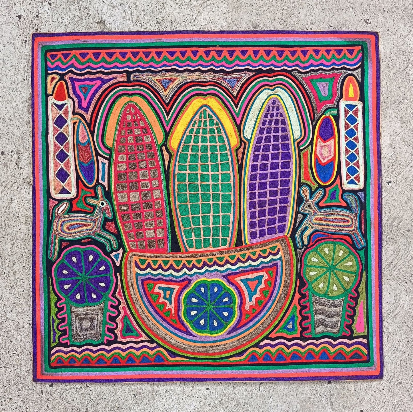 Huichol Indian Mexican Folk Art Yarn Painting by Jesus Jimenez PP9013