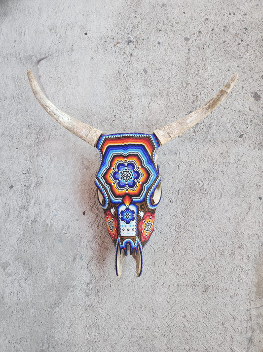 Huichol Indian Hand Beaded Bull Skull By Santos Bautista PP9045 Oaxaca