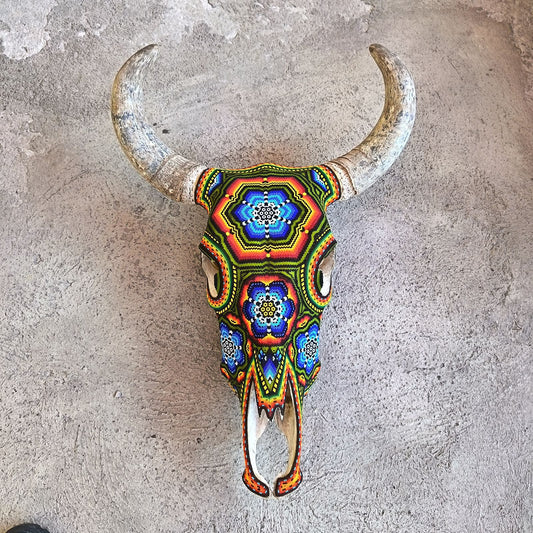 Huichol Indian Hand Beaded Bull Skull By Santos Bautista PP9048