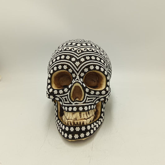 Huichol Hand Beaded Cast Resin Human Skull By Santos Bautita PP9050