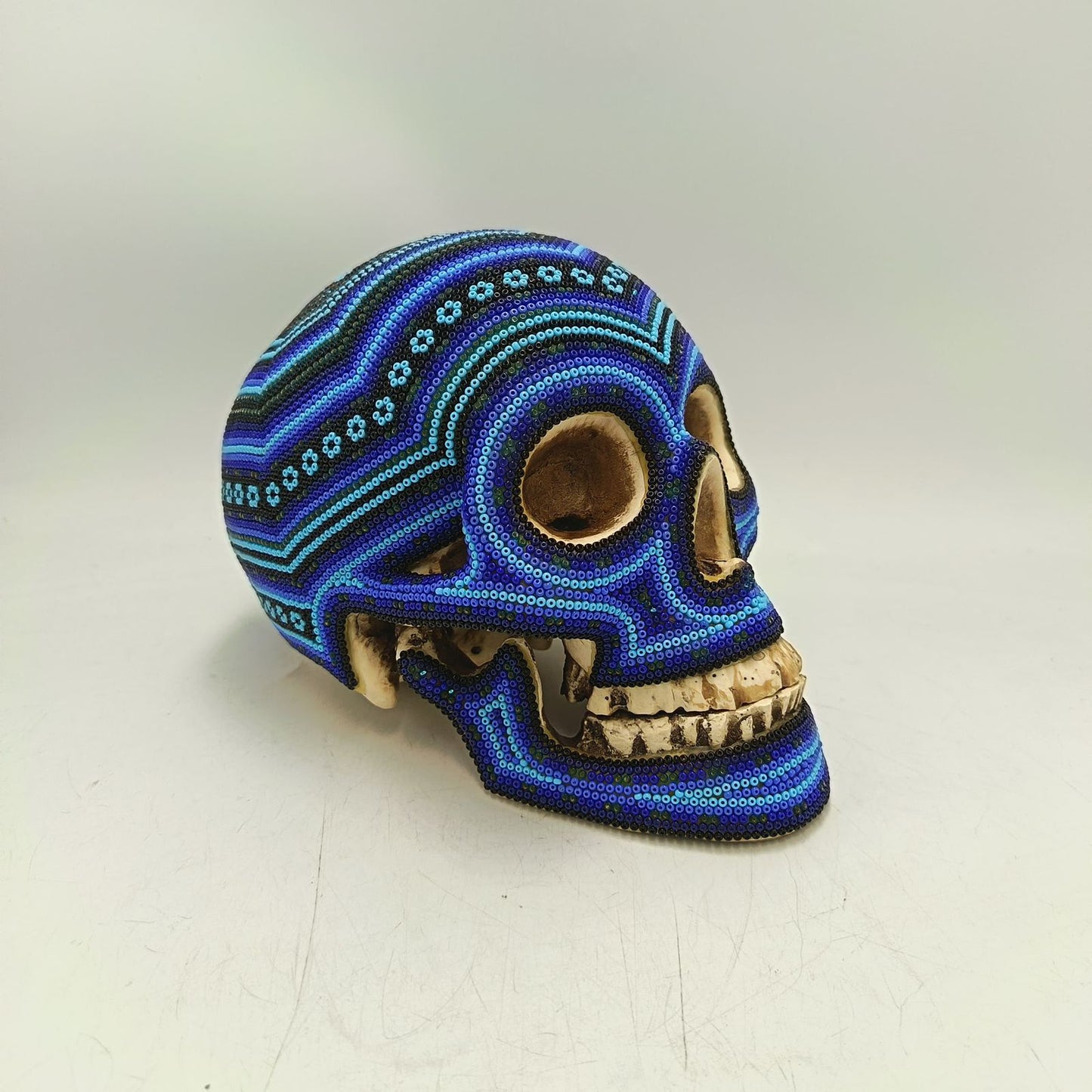 Huichol Hand Beaded Cast Resin Human Skull By Santos Bautita PP9051