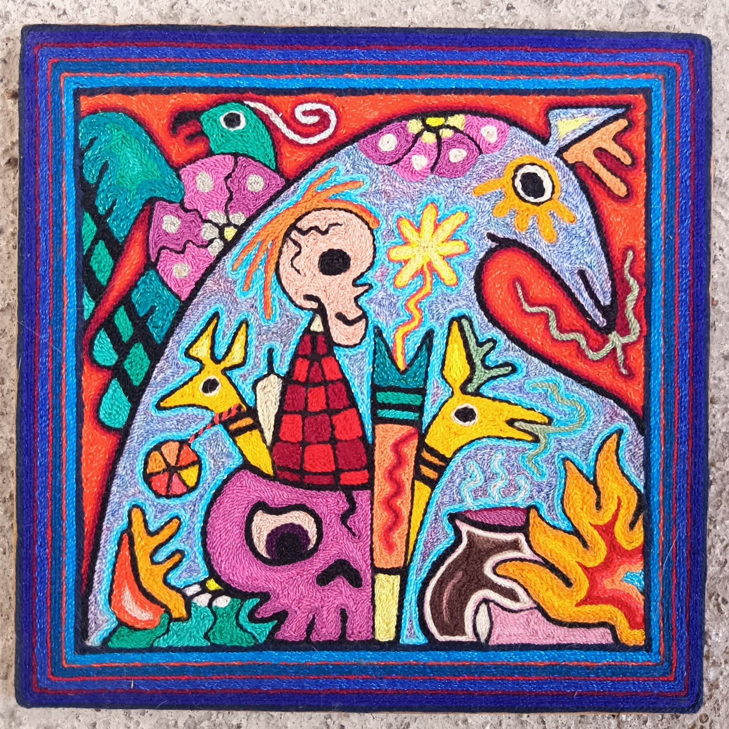 Mexican Folk Art Huichol Indian Yarn Painting by Luis Castro PP9057