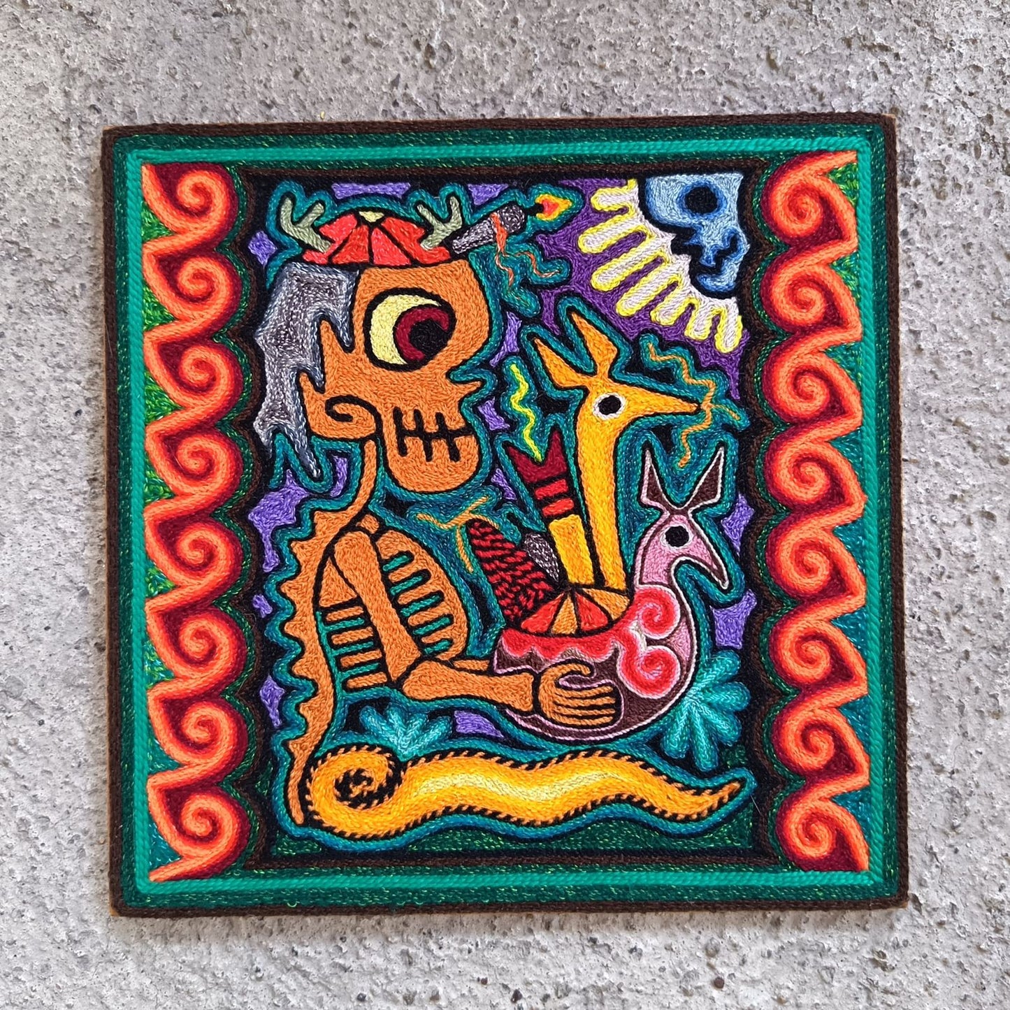 Mexican Folk Art Huichol Indian Yarn Painting by Luis Castro PP9058
