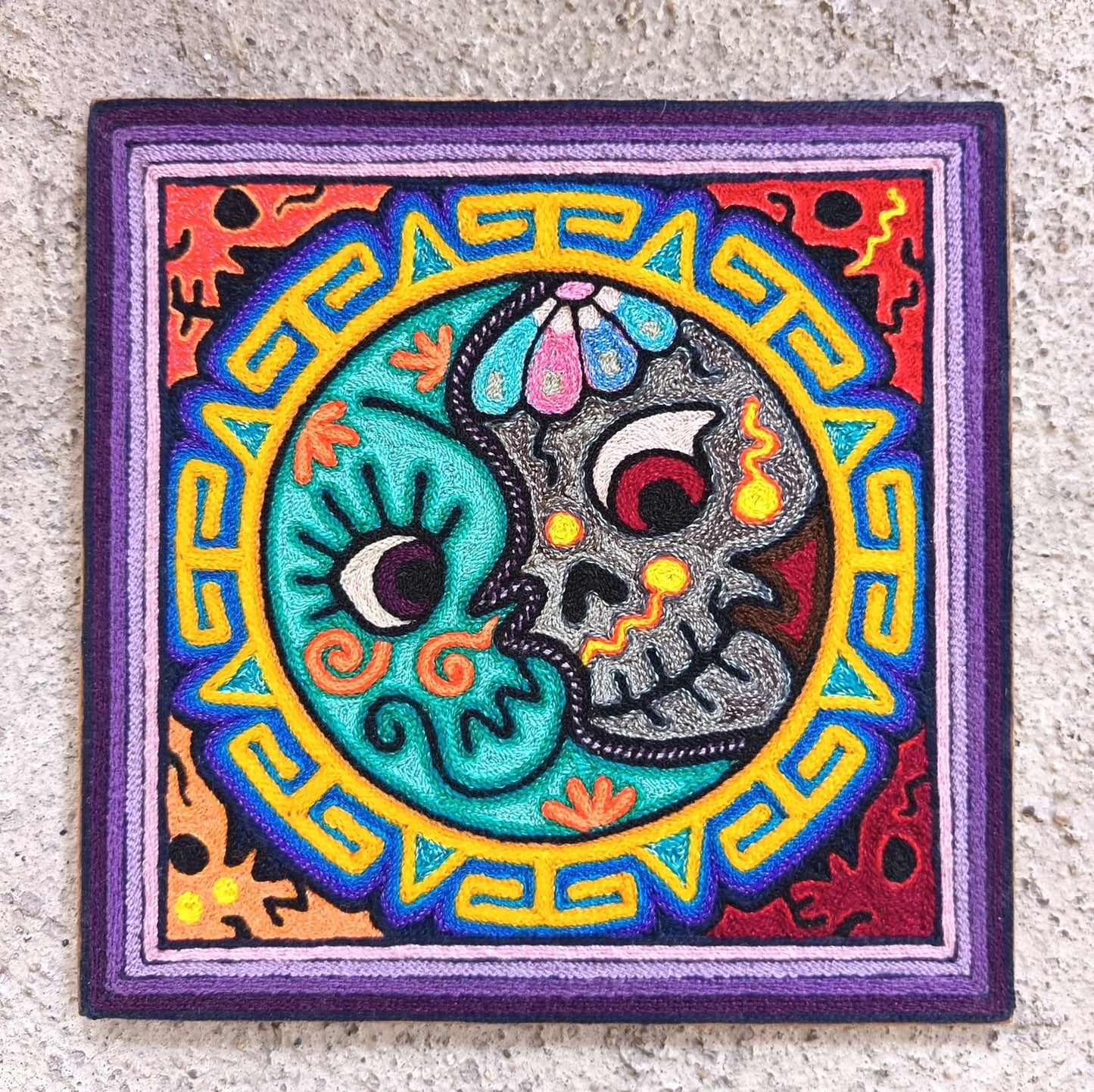 Mexican Folk Art Huichol Indian Yarn Painting by Luis Castro PP9059