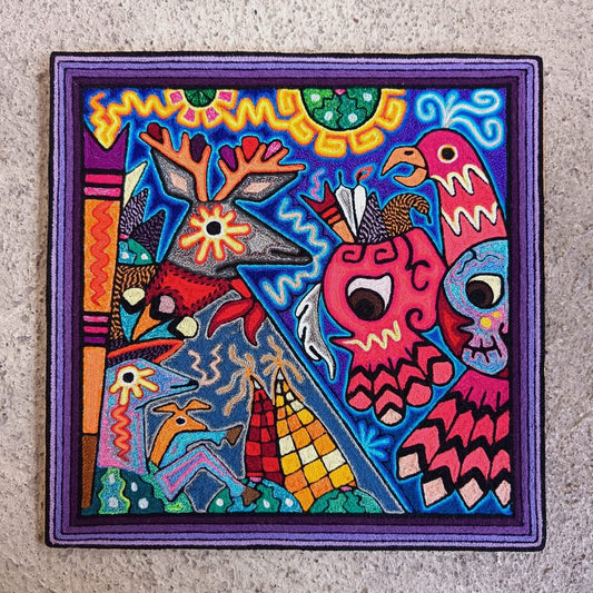 Mexican Folk Art Huichol Indian Yarn Painting by Luis Castro PP9061