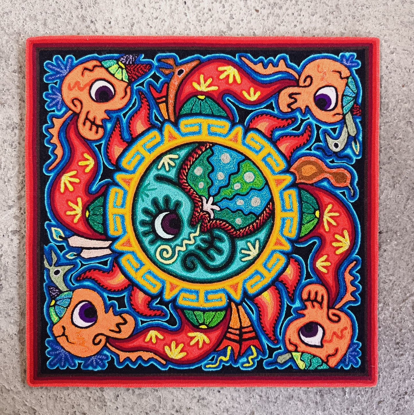 Mexican Folk Art Huichol Indian Yarn Painting by Luis Castro PP9062