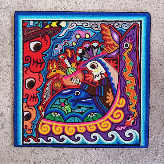 Mexican Folk Art Huichol Indian Yarn Painting by Luis Castro PP9063