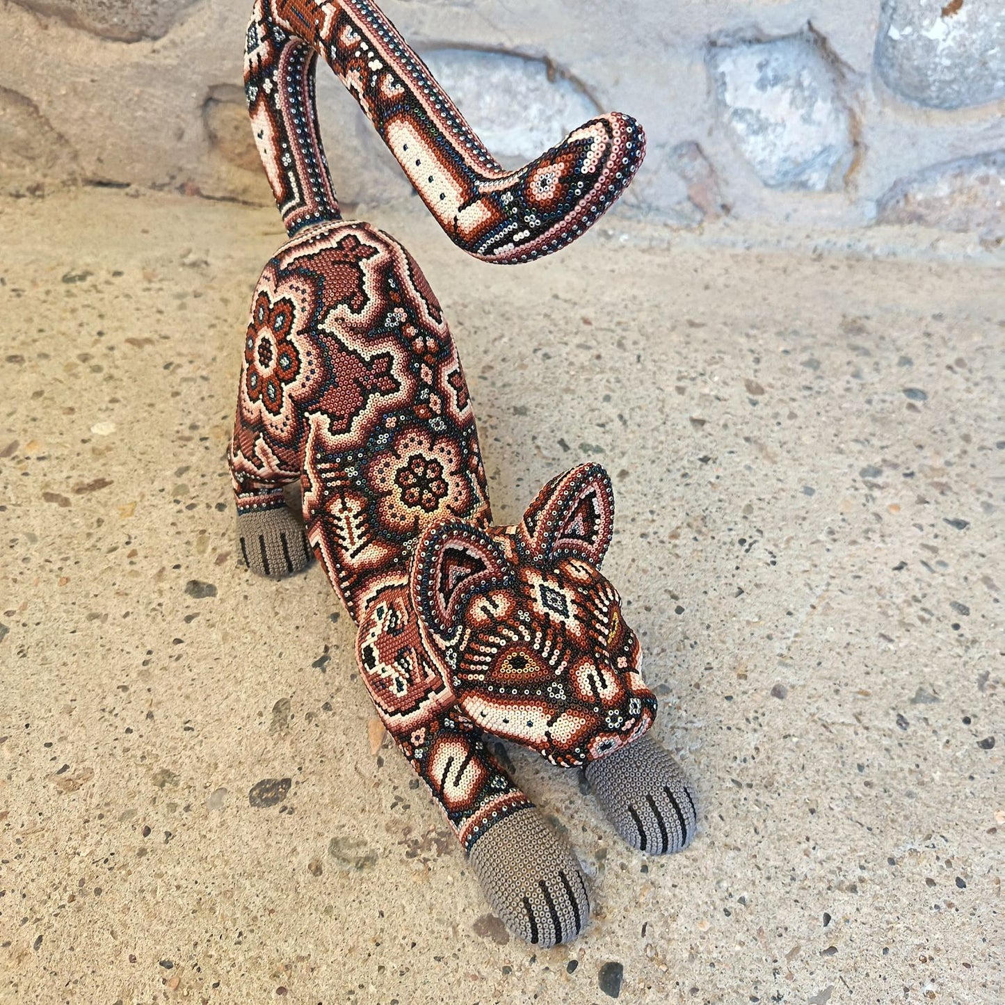 Mexican Huichol Hand Beaded Art, Cat By Isandro Villa Lopez PP9098