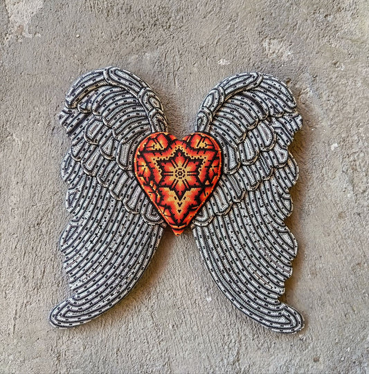 Mexican Huichol Hand Beaded Art, Heart with Wings By Isandro Villa Lopez PP9106