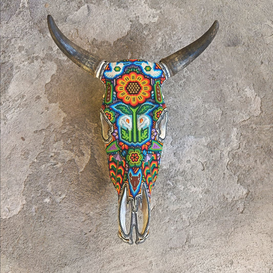 Mexican Folk Art Huichol Hand Beaded Bull Skull By Isandro Villa Lopez PP9108
