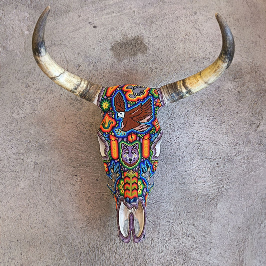 Mexican Folk Art Huichol Hand Beaded Bull Skull By Isandro Villa Lopez PP9147