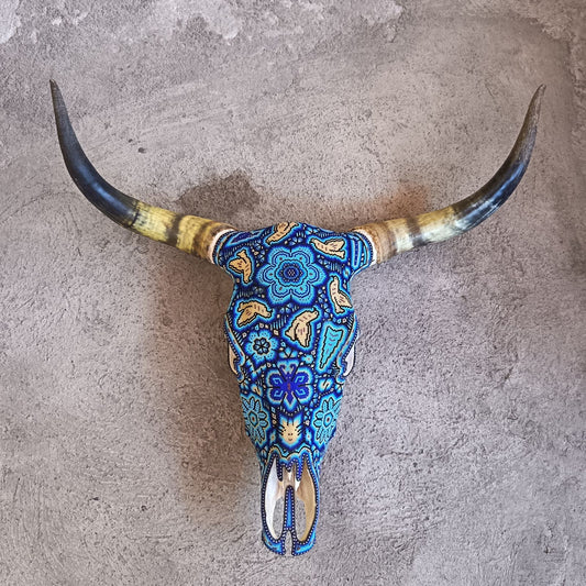 Mexican Folk Art Huichol Hand Beaded Bull Skull By Isandro Villa Lopez PP9148