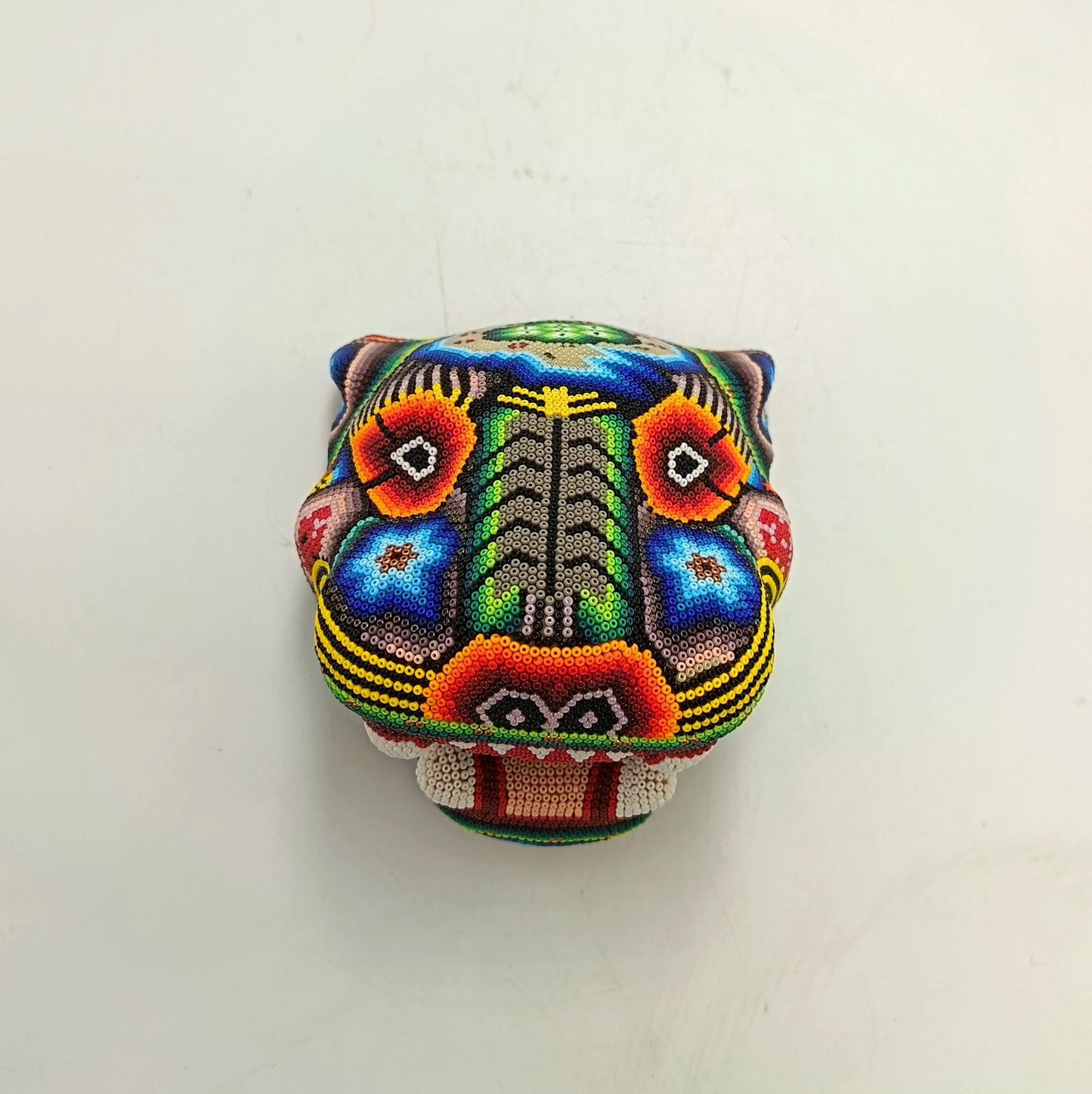 Mexican Folk Art Huichol Beaded Jaguar Head By Mayola Villa Lopez PP9171