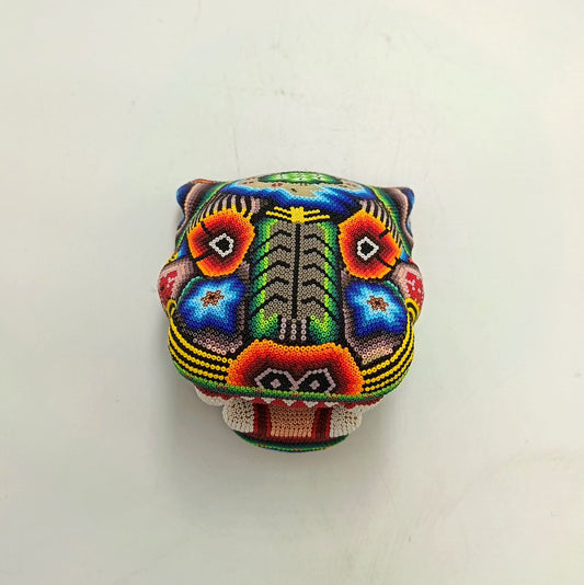 Mexican Folk Art Huichol Beaded Jaguar Head By Mayola Villa Lopez PP9171