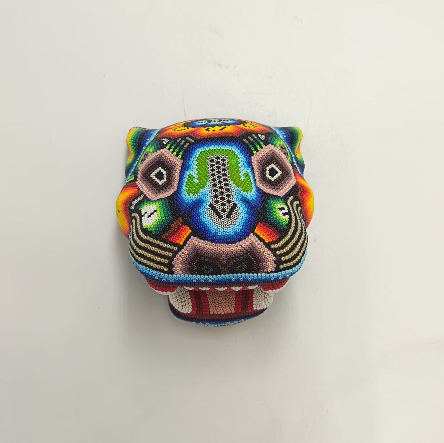 Mexican Folk Art Huichol Beaded Jaguar Head By Mayola Villa Lopez PP9173 Oaxaca