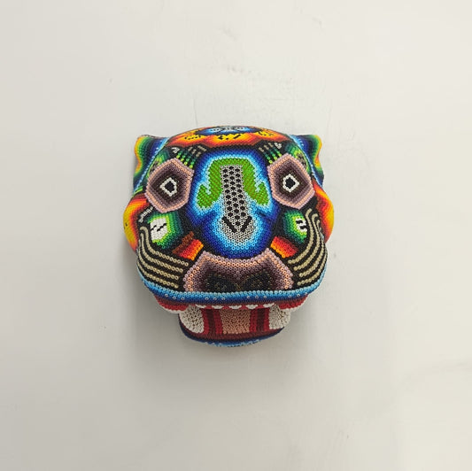 Mexican Folk Art Huichol Beaded Jaguar Head By Mayola Villa Lopez PP9173 Oaxaca