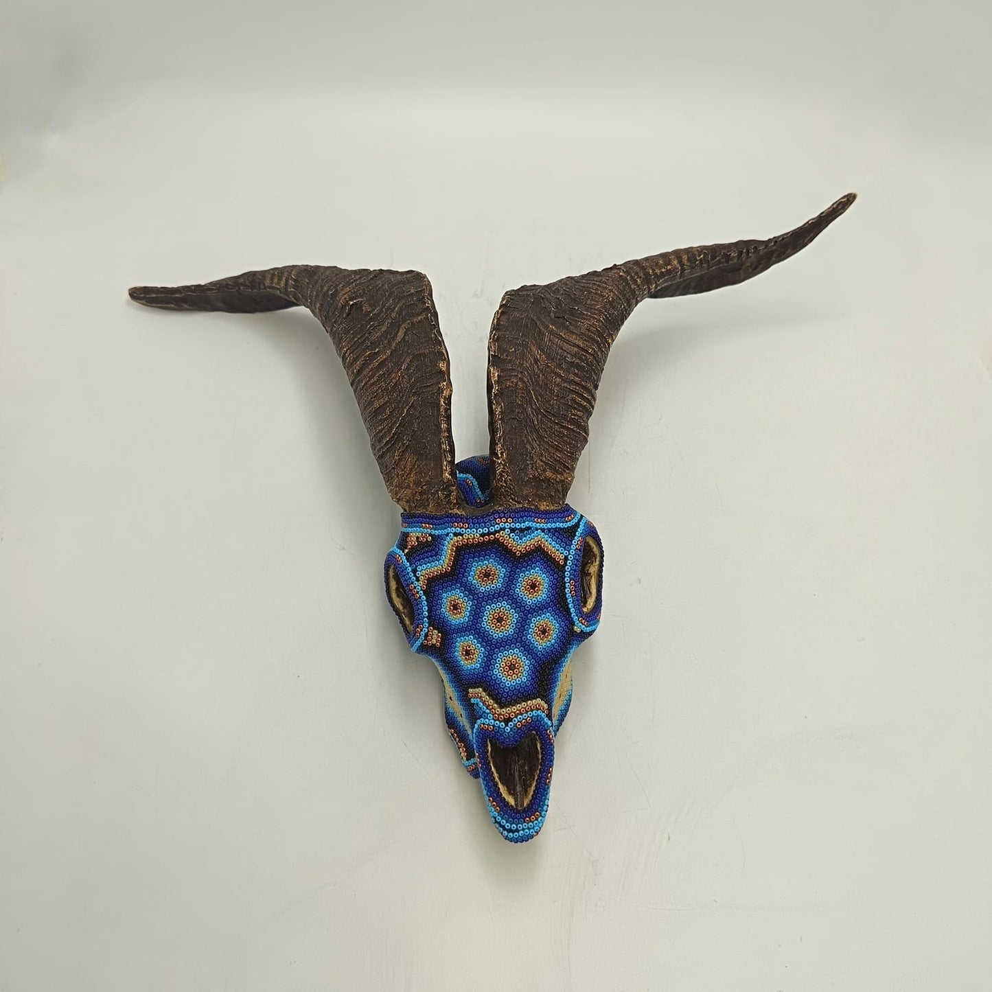 Beaded Huichol Mexican Folk Art Goat Skull By Mayola Villa Lopez PP9180