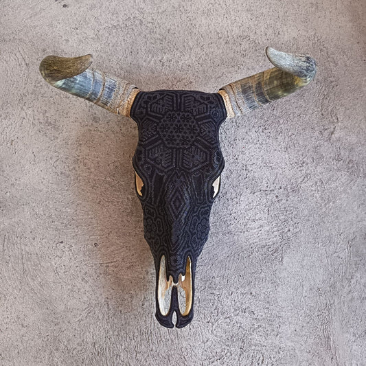 Huichol Bead Art Mexican Folk Art,  Bull Skull By Mayola Villa Lopez PP9188