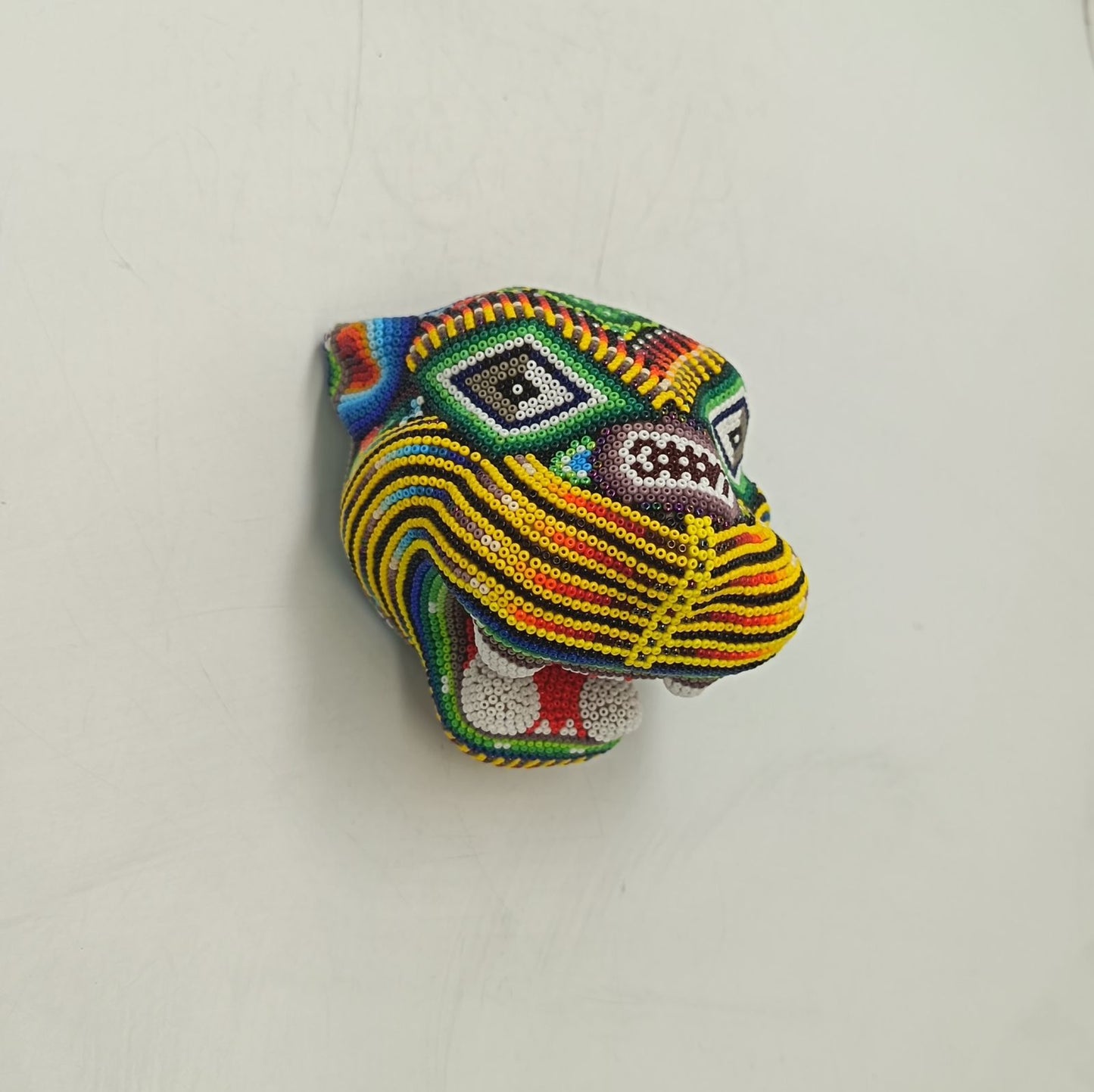 Mexican Huichol Hand Beaded Jaguar Head By Santos Bautista PP9194