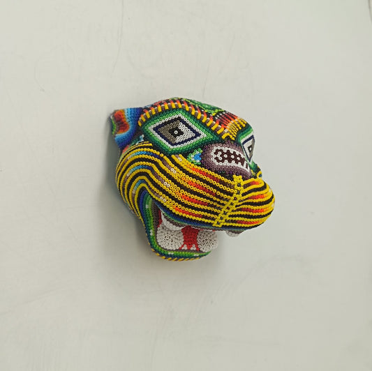 Mexican Huichol Hand Beaded Jaguar Head By Santos Bautista PP9194