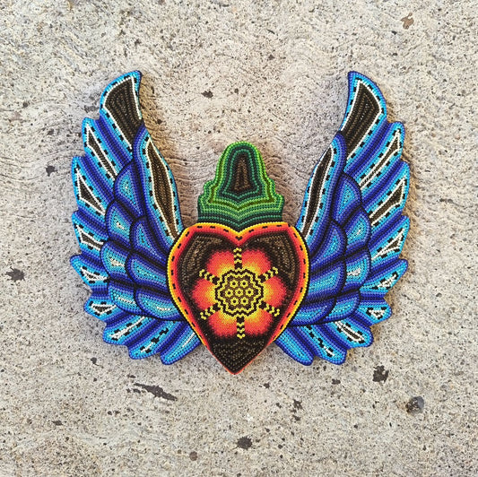 Huichol Hand Beaded Mexican Folk Art Heart with Wings By Santos Bautista PP9196