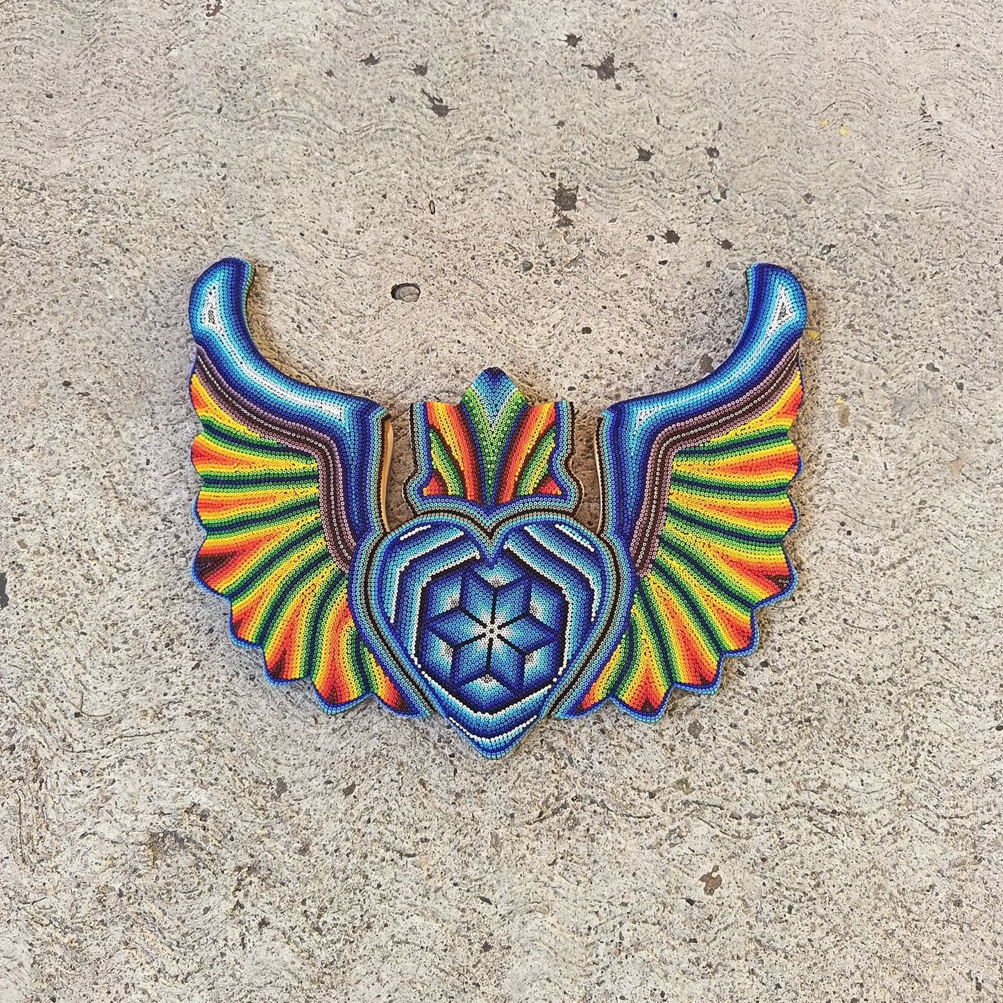 Huichol Hand Beaded Mexican Folk Art Heart with Wings By Santos Bautista PP9197 Oaxaca