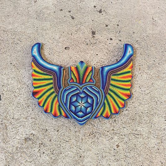 Huichol Hand Beaded Mexican Folk Art Heart with Wings By Santos Bautista PP9197 Oaxaca