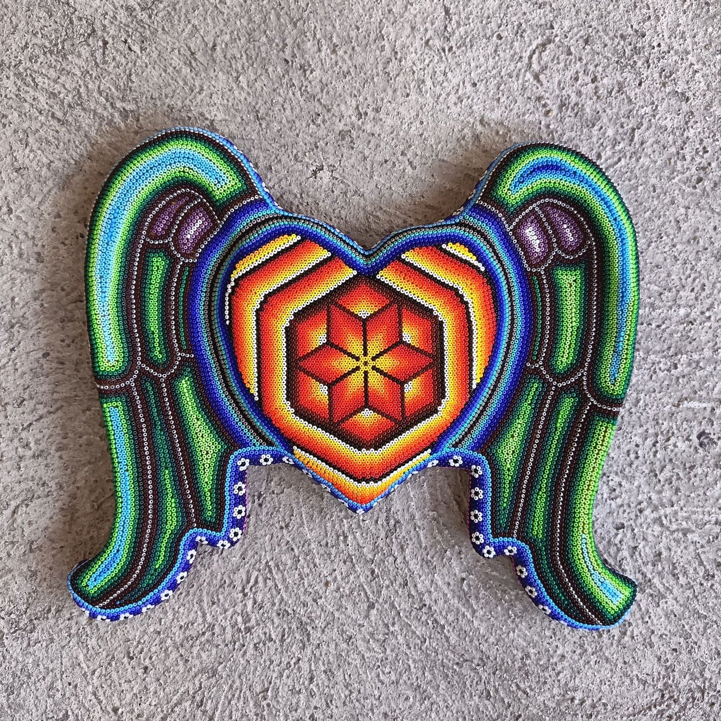 Huichol Hand Beaded Mexican Folk Art Heart with Wings By Santos Bautista PP9198 Oaxaca