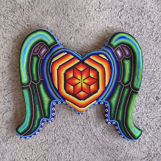 Huichol Hand Beaded Mexican Folk Art Heart with Wings By Santos Bautista PP9198 Oaxaca