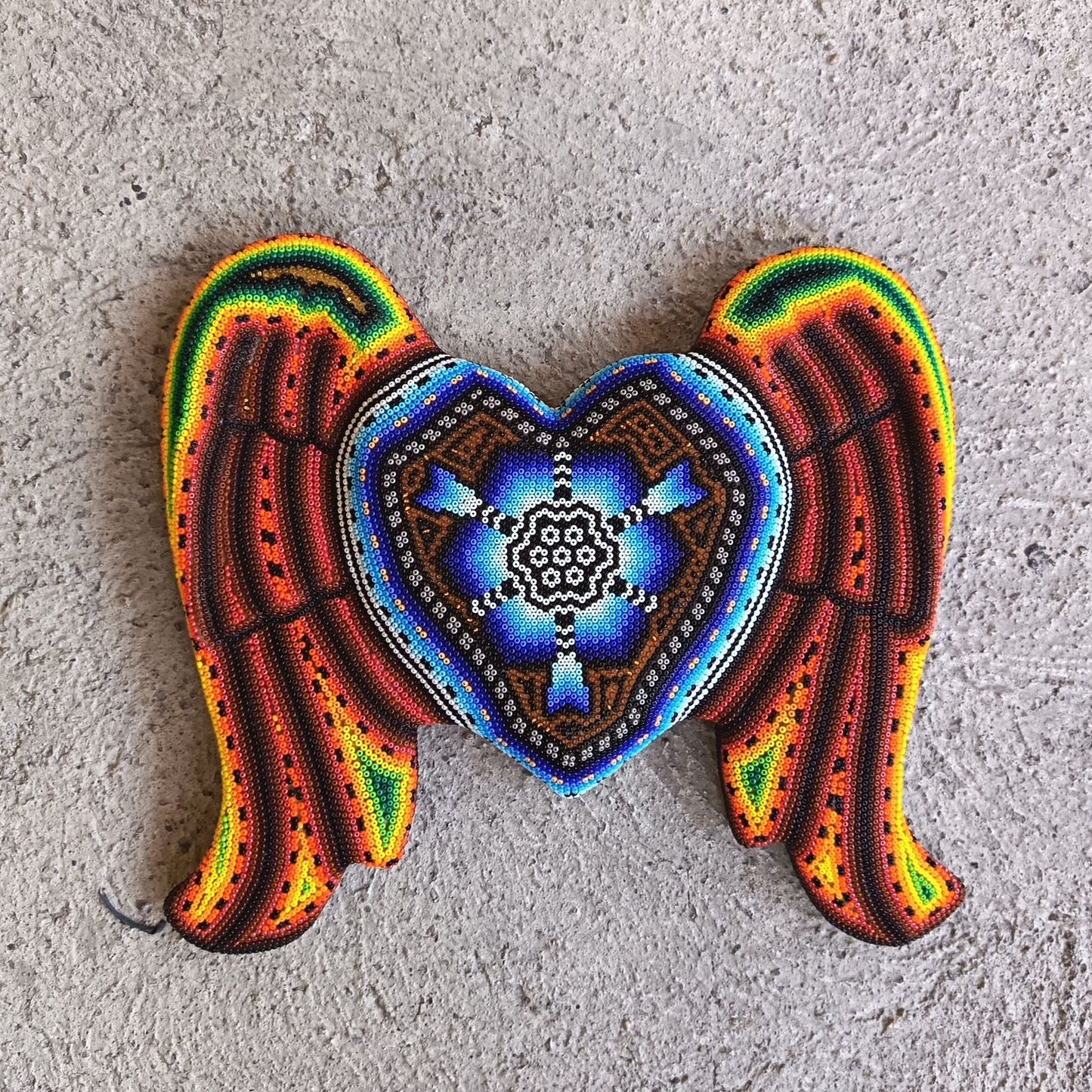 Huichol Hand Beaded Mexican Folk Art Heart with Wings By Santos Bautista PP9199