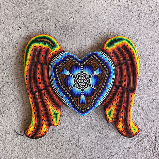 Huichol Hand Beaded Mexican Folk Art Heart with Wings By Santos Bautista PP9199