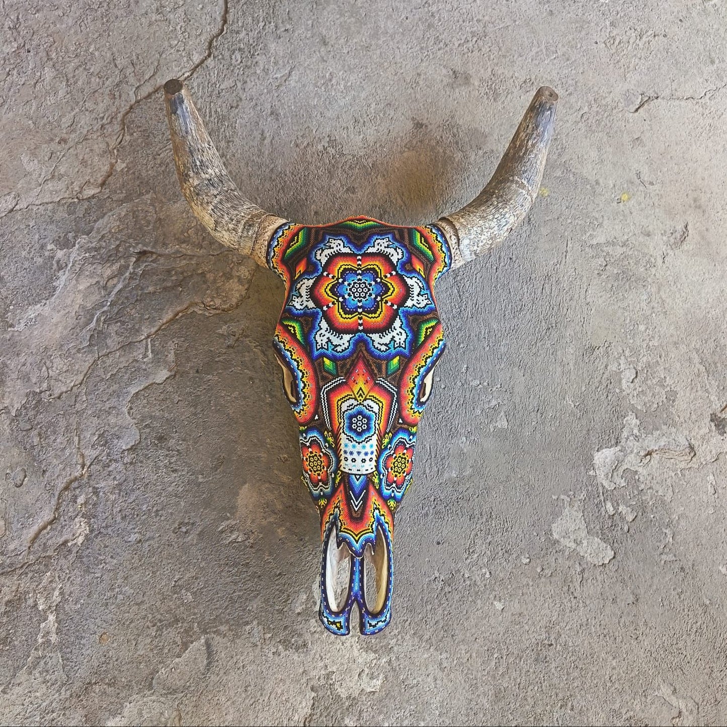 Huichol Indian Hand Beaded Bull Skull By Santos Bautista PP9201