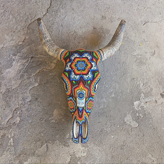Huichol Indian Hand Beaded Bull Skull By Santos Bautista PP9201