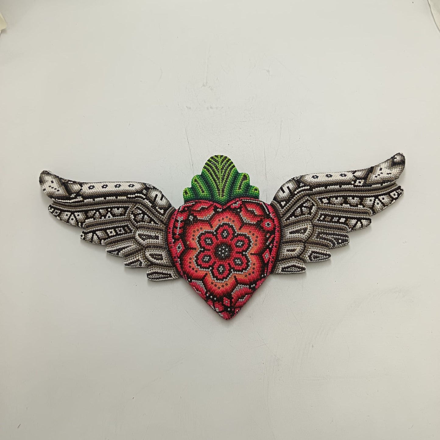 Mexican Huichol Hand Beaded Art, Heart with Wings By Isandro Villa Lopez PP9228