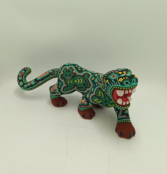 Mexican Huichol Hand Beaded Art, Jaguar By Isandro Villa Lopez PP9239