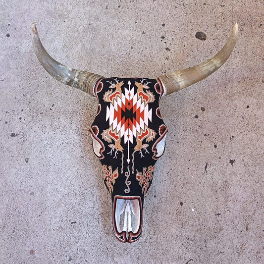Yarn Painting Huichol Mexican Folk Art, Bull Skull By Samuel Hernandez  PP9244
